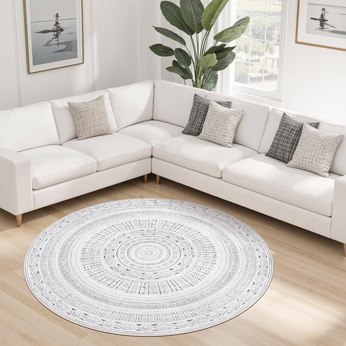 cotiled 5x5 Round Area Rugs Living Room Rug: Washable Boho Rugs with Non Slip Backing Large Soft Indoor Stain Resistant Carpet for Bedroom Farmhouse Dining Room Lightweight Home Decor Dark Grey