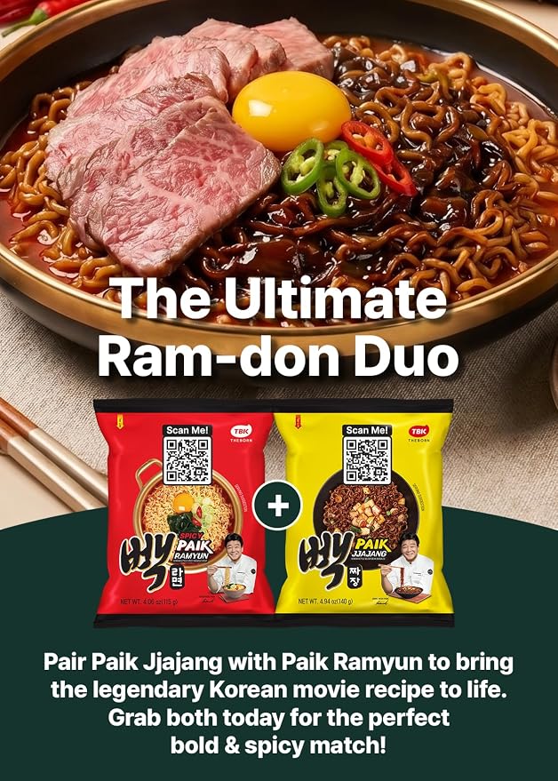 TBK THEBORN Paik Jjajang, Korean Black Bean Instant Ramen 140g x 4 Packs | Instant jjajang noodles with a rich savory black bean sauce for quick Korean-style meals at home, work or school