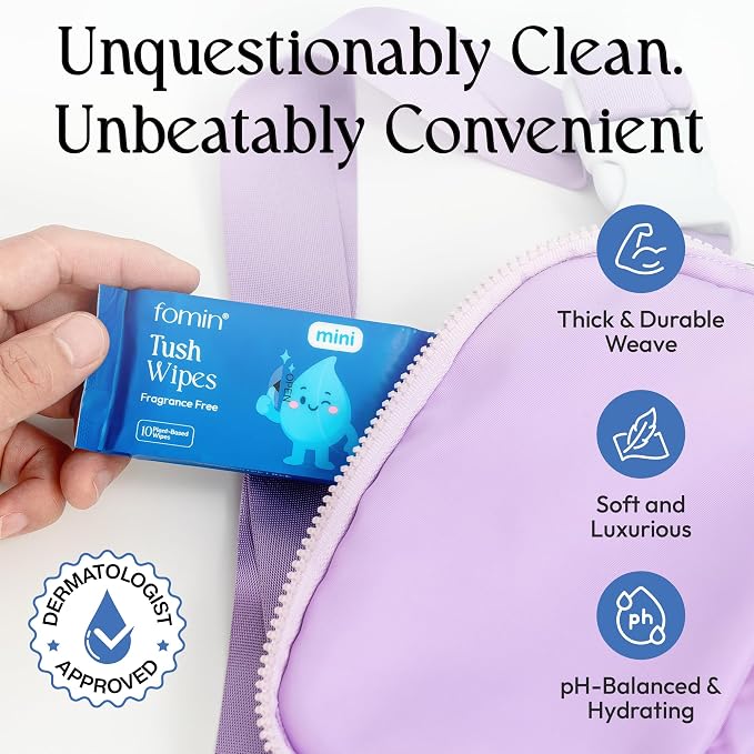 Fomin Compact Travel Flushable Wipes 8 Pack (80 Wipes Total) - Unscented Travel Size Wet Wipes for Adults - pH Balanced, Biodegradable, Plant-Based - Hypoallergenic Tush Wipes for Women & Men