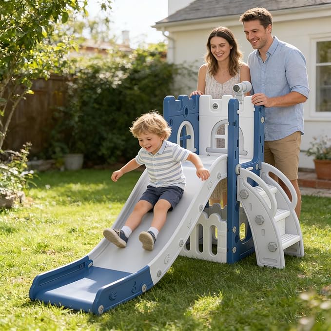 6 in 1 Toddler Slide Playset, Kids Indoor Outdoor Playground with Basketball Hoop,Storage and Telescope,Toddler Climber Slide Activity Center