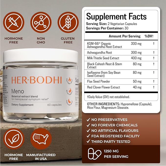 Her Bodhi Meno Menopause Supplement for Women, Hormonal Balance, Estrogen Soy Isoflavones with KSM-66 Ashwagandha & Black Cohosh, Hot Flash & Night Sweat Relief, Hormone-Free Vegan, 60 Capsules