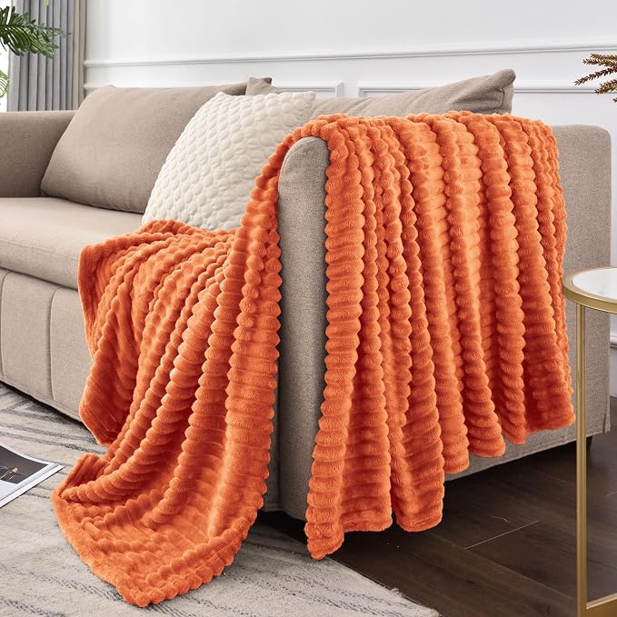 BEDELITE 3D Ribbed Burt Orange Fleece Twin Fall Blanket for Bed, 60x80 Inch | Soft Warm Decorative Fluffy Blanket, Cozy Plush Lightweight Fuzzy Throw Blanket for Couch Sofa Fall Decor, Gift for Women