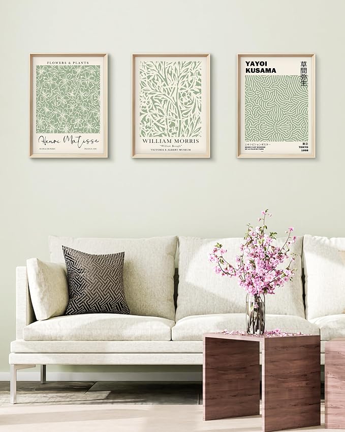 HesenDot Framed Wall Art Set of 3, Sage Green Botanical Wall Decor | 12x16IN High Framed Design Canvas Prints, Matisse Inspired Minimalist Art for Living Room Bedroom Bathroom