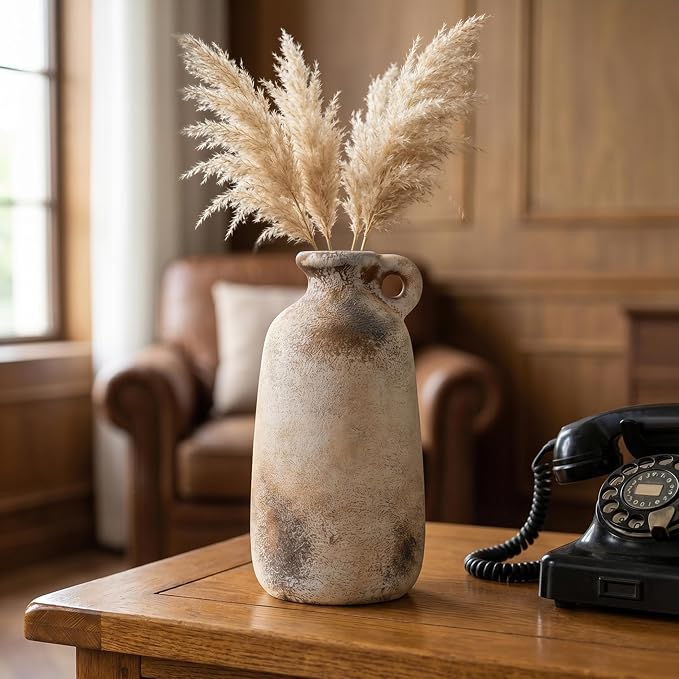 Ceramic Flower Vase, 10.1" Rustic Farmhouse Vase with Glazed Interior, Decorative Pottery Vase for Fresh Flowers, Pampas Grass, Living Room, Dining Table, Mantel and Shelf Decor