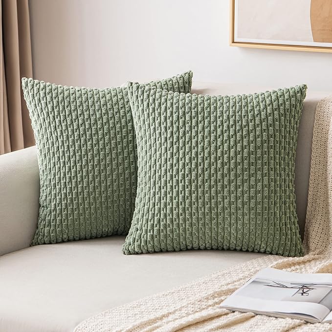 MIULEE Decorative Throw Pillow Covers 26x26 Sage Green Textured Corduroy | Pack of 2 Striped Pillow Covers Modern Farmhouse Home Decor for Couch Bed Sofa Living Room