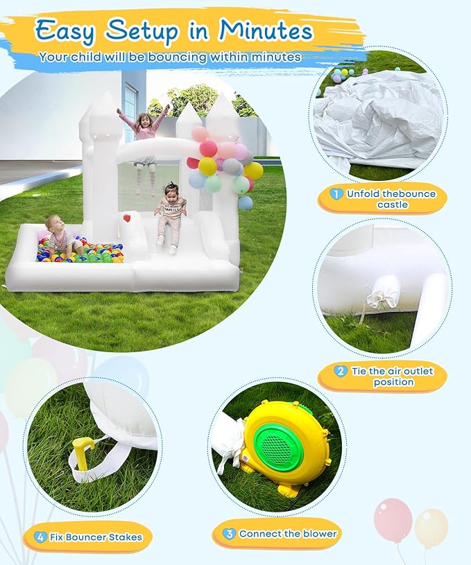 White Bounce House with Blower Included, 9x9x7FT Inflatable Bounce House Castle with Ball Pit and Slide,Small Jumper Bouncy Castle, Fun for Kids Birthday Party
