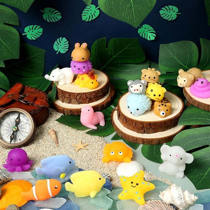 Sea & Safari Squishy Toys 50pcs – Collectible Mochi Fidget Toys in Blind Bags | Sea & Land Animal Shapes | Storage Tote, Playmat, Collector’s Guide | Party Favors, Sensory, Classroom Prizes