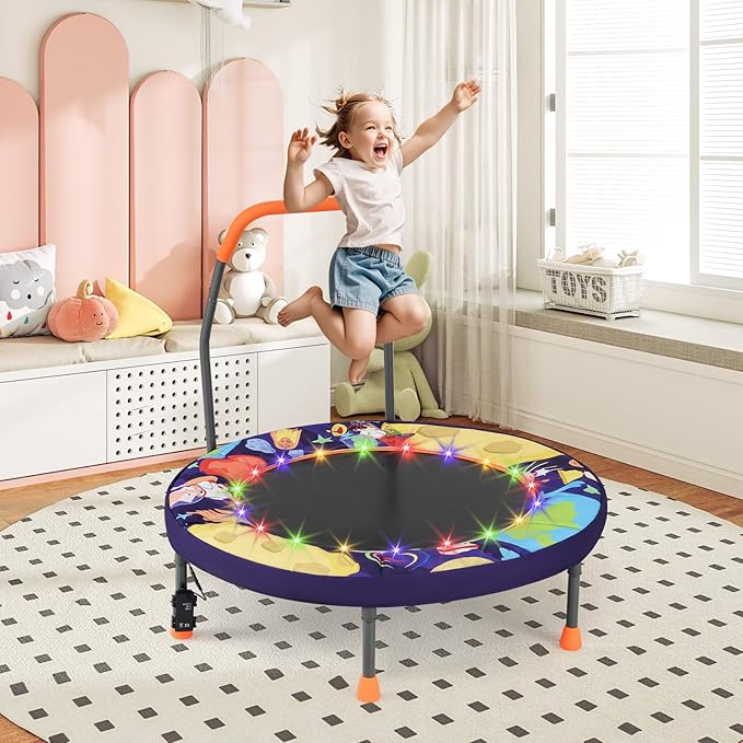 GYMAX 36โ Toddler Trampoline with Lights, Folding Springless ASTM Approved Small Kids Rebounder with Foam Handle, Safety Padded Cover & Foldable Legs, Mini Indoor Baby Trampolines