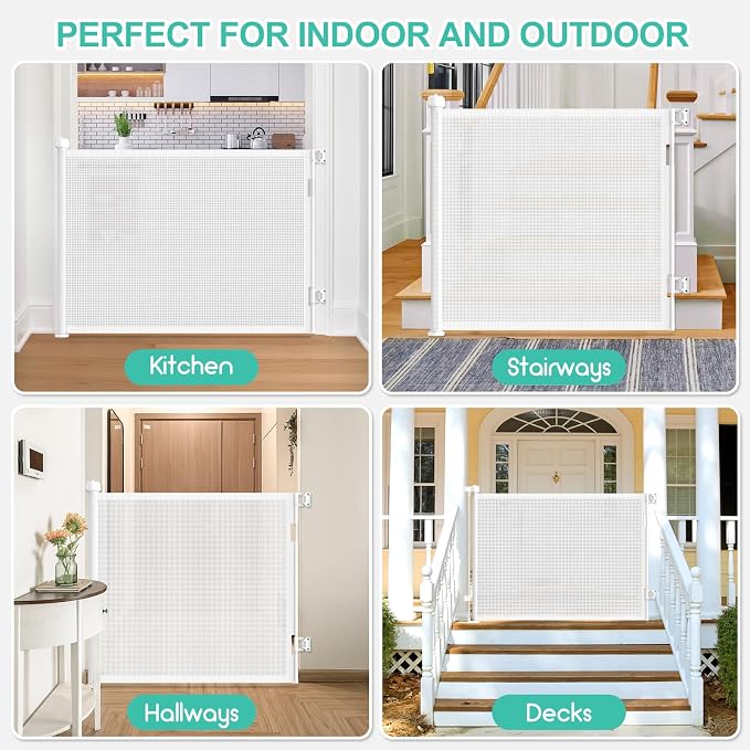 EZIGO Retractable Baby Gates Extra Wide Baby Gate for Large Opening Extra Long Mesh Gate for Kids or Pet Dog Gate Child Safety Gate for Stairs Hallways Doorway Indoor Outdoor (White, 41" X 55")