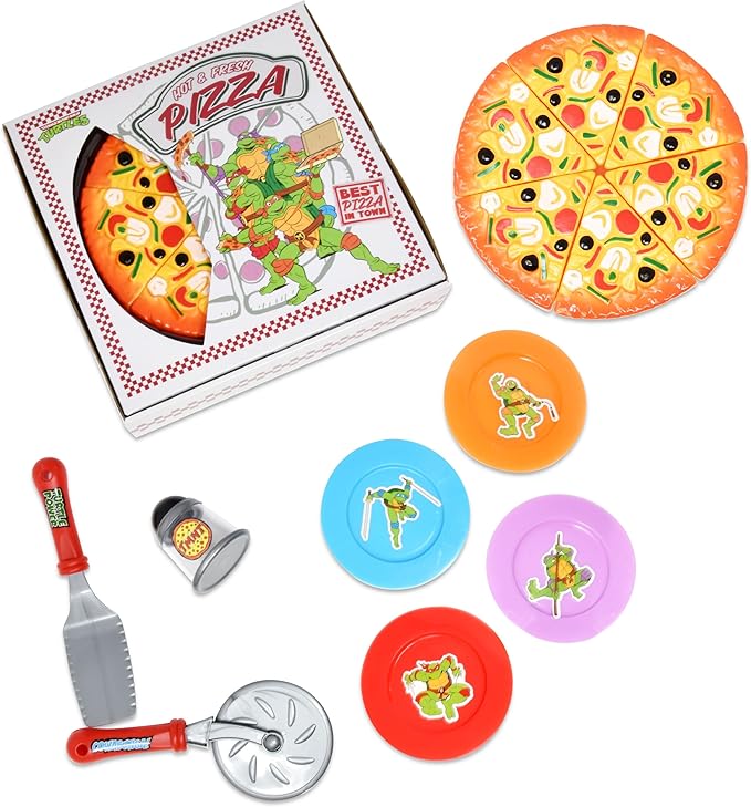 Pizza Party Play Food Toy Set for Kids Slice & Serve Plastic Pizza Pretend Box Pie Cutter Fake Condiments Play Foods & Bookmark for Children Toddlers