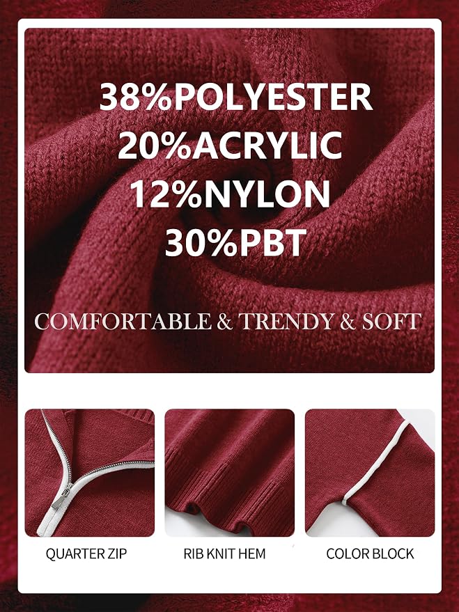 ANRABESS Womens Quarter Zip Sweaters Fall Long Sleeve V Neck Shirts Collared Business Casual Tops Knit Pullover Sweatshirts