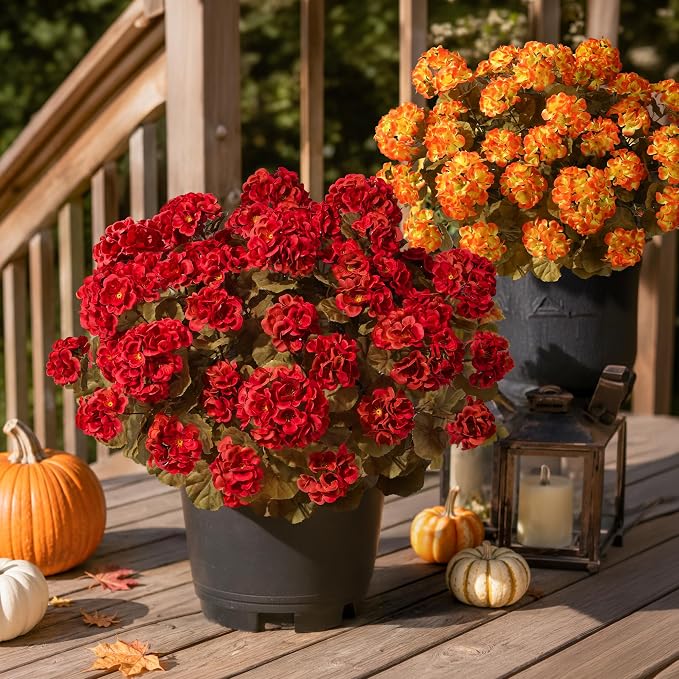 Fake Geraniums Artificial Flowers for Outdoors Fall Autumn Decoration, 6 Bundles Silk Geraniums Look Real Faux Fall Flowers Plants for Front Door Garden Planter Patio Balcony Yard Home Indoor, Red