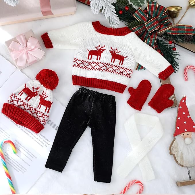 6 Pcs Christmas 18 Inch Doll Clothes and Accessories Winter Outfits Set Sweaters Trousers Hats Shoes for 18 Inch Doll Gift(White and Red,Deer)