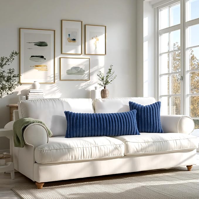 MIULEE Faux Fur Lumbar Throw Pillow Covers 12x20 Set of 2 Navy Blue | Coastal Modern Soft Plush Couch Pillows, Cozy Fluffy Cushion Covers for Sofa Bed Living Room Home Decor