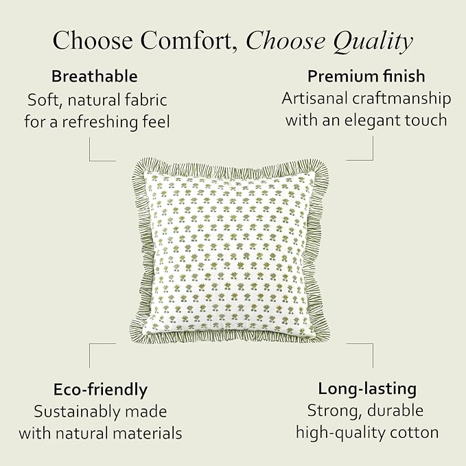 CPC Lotus Meadow Hand Block Print 100% Cotton Ruffle Throw Pillow Cover 24x24 inch with Hidden Zipper Decorative for Couch, Bed, Sofa, Farmhouse, Cottagecore Decor Gift Christmas Fall Thanksgiving