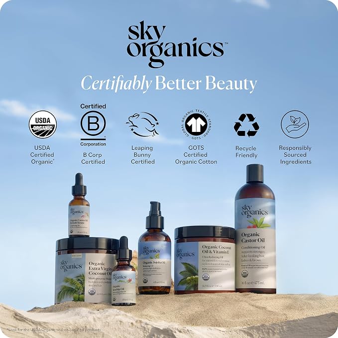 Sky Organics Organic Castor Oil glass bottle for Hair, Lashes & Brows 100% Pure & Cold-Pressed USDA Certified Organic to Strengthen, Moisturize & Condition, 16 fl. Oz