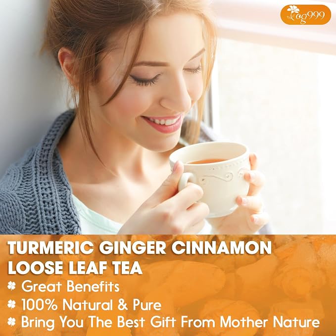 TOG999, Premium 20oz Ginger Turmeric Cinnamon Loose Leaf Herbal Tea - Premium Quality Spiced Herbal Blend – Caffeine-Free, Non-GMO, Natural Dried Roots and Bark. Vegan-Friendly.