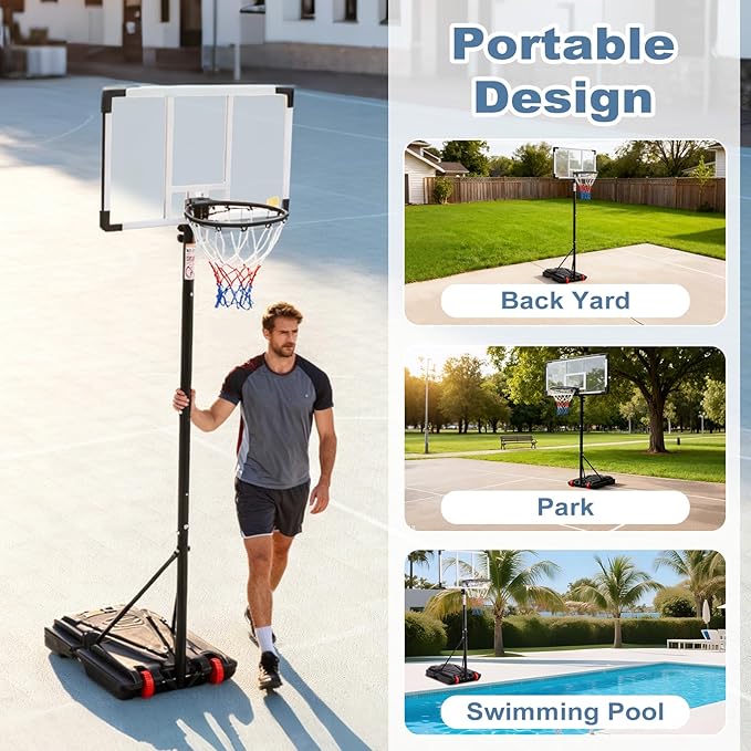 DUMOS 10FT Adjustable Height Portable Basketball Hoop Outdoor for Adult, 44 Inch Shatterproof Backboard w/Shock Absorbent Rim, Fillable Base, 2 Wheels for Swimming Pool/Indoor