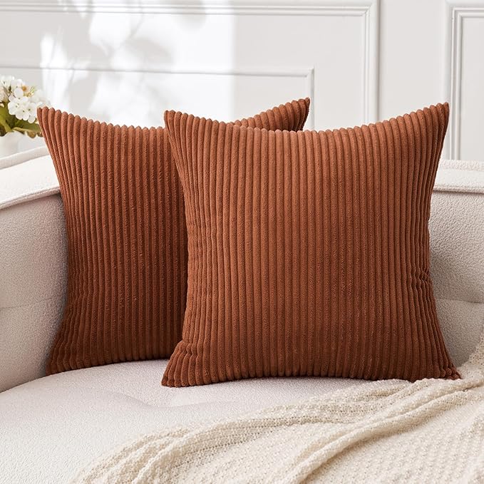 MIULEE Fall Soft Corduroy Throw Pillow Covers Set of 2 18x18 Dark Rust | Decorative Striped Textured Cushion Cases, Boho Rustic Square Pillowcases, Home Decor for Couch Chair Sofa Bed Living Room
