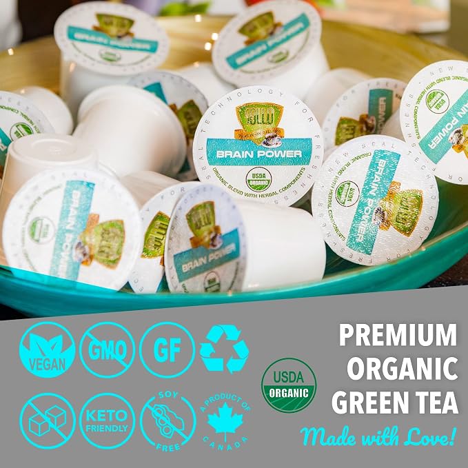 SOLLO Brain Power Organic Green Tea Pods with MCT, Acai & Essential nutrition, Nootropic Brain Booster- Improves Memory & Focus Compatible with 2.0 K-Cup Keurig Brewers, 24 Ct