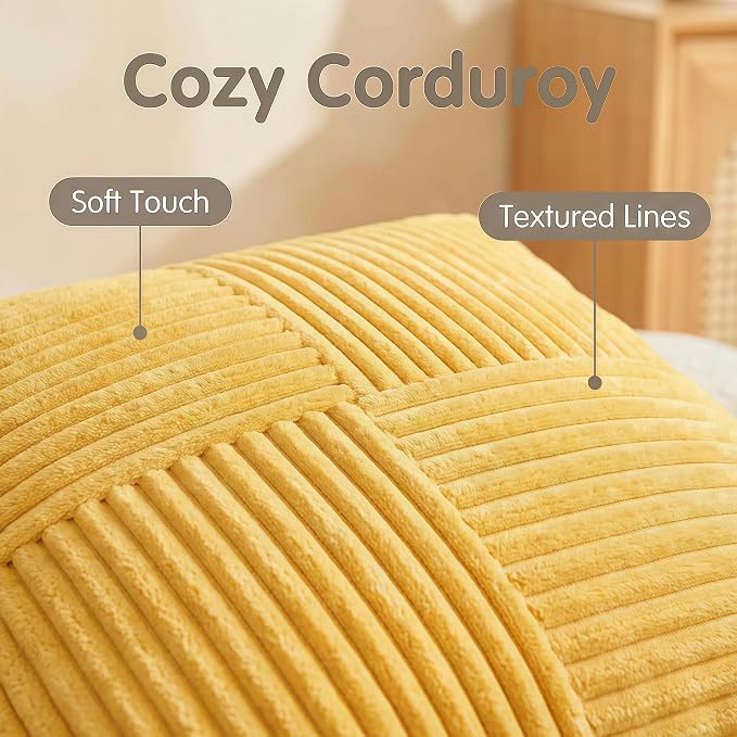 Fancy Homi 2 Packs Yellow Long Lumbar Decorative Throw Pillow Covers 12x24 Inch for Couch Bed Sofa, Rustic Farmhouse Boho Home Decor, Soft Striped Corduroy Rectangle Accent Cushion Case 30x60 cm