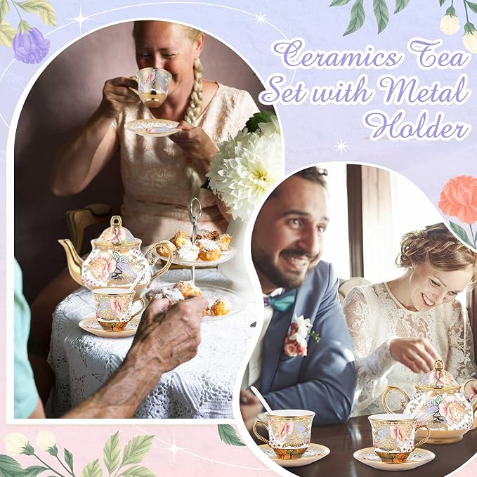 Zhehao 20 Pcs Porcelain Tea Set with Metal Holder and Spoon Adult Ceramic Tea Set European Flower Painting Teapot Cup Saucer Spoon for Women Mom Gift, Large Version (Rustic Style)