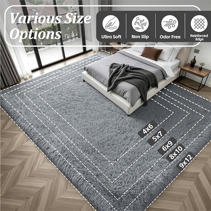 Fluffy 4x6 Area Rugs for Living Room Bedroom: Ultra Soft Shag Rug Non-Slip Non-Shedding Small Plush Bedside Rug Indoor Floor Carpets for Kids Room Playroom Entryway Nursery Dorms Home Decor Gray