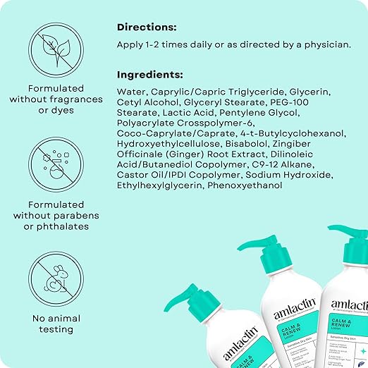 AmLactin Calm & Renew Lotion - Therapeutic Body and Face Moisturizer for Sensitive Skin - No-Scrub Exfoliator and Body Lotion for Dry Skin with Lactic Acid AHA and Soothing Ginger Root, 14.1 oz