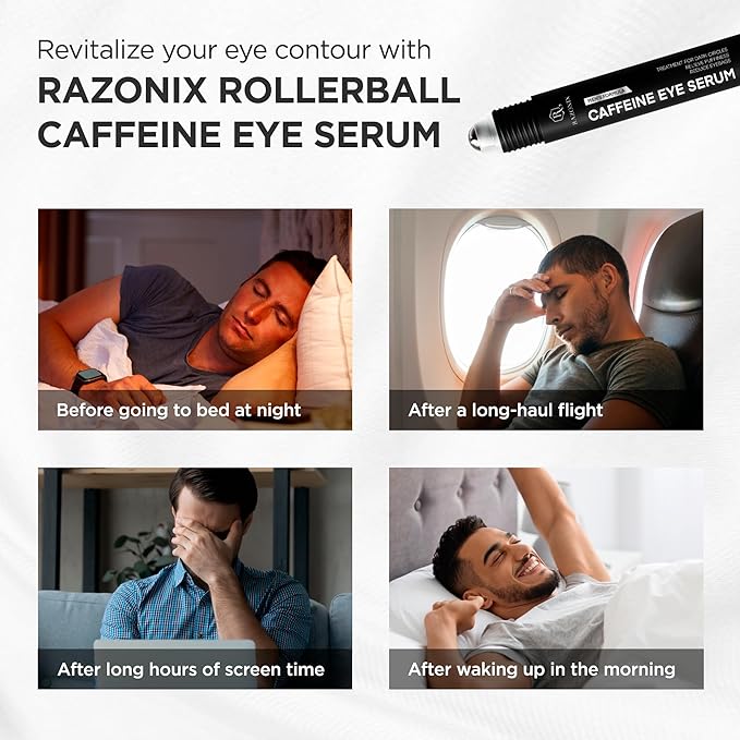 RAZONIX Eye Roller for Puffy Eyes, Caffeine Eye Serum for Dark Circles, De-Puffing Treatment for Men and Women, 0.5 Fl Oz (Medium, Unscented)