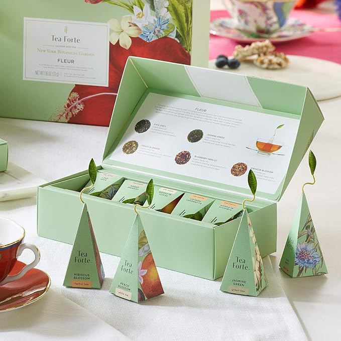 Tea Forte Premium Petite Presentation Box Gift Set Sampler, 10 Count, 2 of Each Blend Individually Wrapped Handcrafted Pyramid Infuser Bags, Fleur Tea