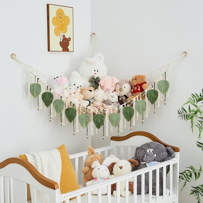 Pretty Jolly Macrame Stuffed Animal Hammock with Beads Hand Woven Leaf Tassels Corner Hanging Net Boho Plush Holder for Toys Kid Room Nursery Decor Organizer for Girls Gift(Sage Green&Avocado Green)