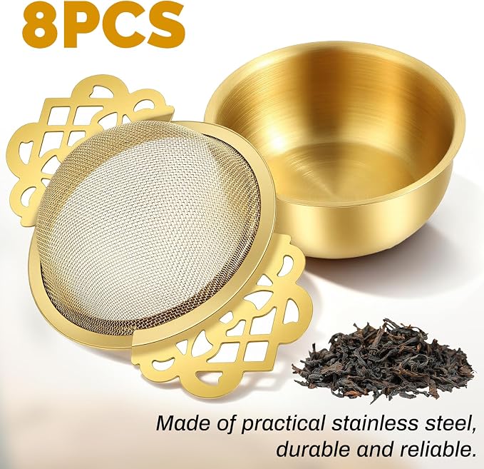 8 Pack Tea Strainer Bowl, 304 Stainless Steel Tea Drain Strainer TeaFilter Mesh TeaDrip Bowls Teapot Strainers With Petal Handles TeaDivider for 2.5-4 Inch Cup Mouth, Gold