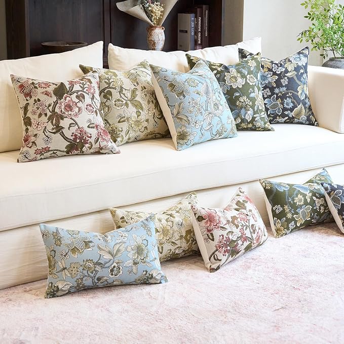Neutral Floral Pillow Cover 18x18, Vintage Linen Square Pillow Cover Soft Decorative Farmhouse Accent Pillow Cases for Couch Bedroom Living Room Home Decor, Red