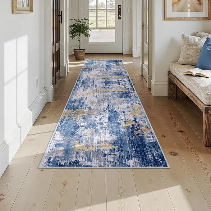 RELEANY Washable Runner 2'6"x10' Abstract Area Rug for Hallway Blue Gold | carpet for kitchen, entryway, bathroom, living room, bedroom, printed pattern, non-slip, soft, stain-resistant, easy to clean