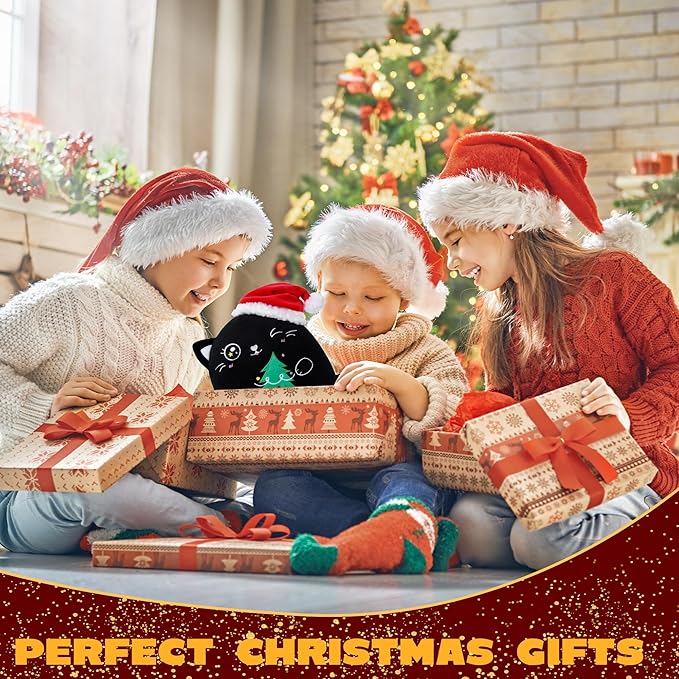 Christmas Cat Stuffed Animal: 8-Inch Cute Black Cat Plush Toy with Santa Hat and Christmas Tree Soft Christmas Plushies Pillow, Holiday Birthday Decoration Gifts for Kids Girls & Boys