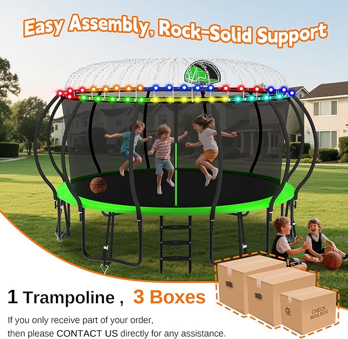 DeepRoar 2026 Upgraded 8/10/12/14/15/16FT Pumpkin Tranpoline for Kids, Heavy Duty 1500LBS Outdoor Tranpoline Set with Basketball Hoop, Light, Sprinkler & Socks, Recreational Trampolings, ASTM Approved