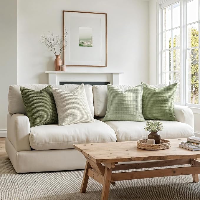 MIULEE Farmhouse Decorative Pillow Covers 20x20 Inch Set of 4 Light Green | Modern Natural Rustic Throw Pillows, Neutral Warm Soft Corduroy Couch Pillowcases, Home Decor for Sofa Living Room Bed