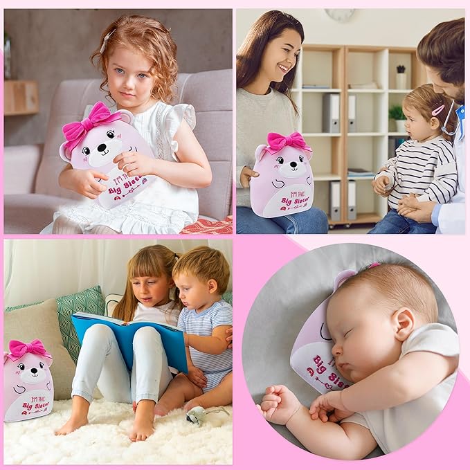 Big Sister Plush Toy: 8-Inch I'm The Big Sister Bear with Pink Bow Stuffed Animal Cute Soft Plushie Pillows Christmas, New Sibling Gifts for Girls Kids