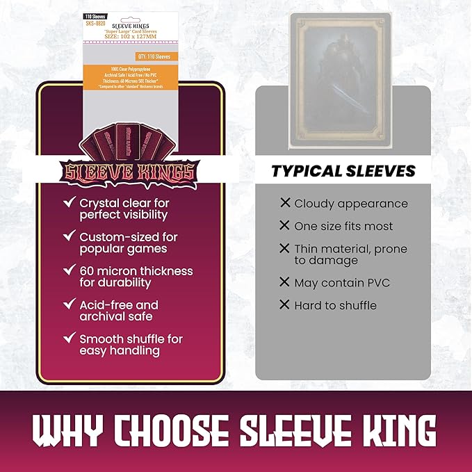 Sleeve Kings Standard Card Sleeves – 110 Count, Clear 60 Micron Thickness, XL Size (102 x 127 mm), Compatible with Imperial Assault & More