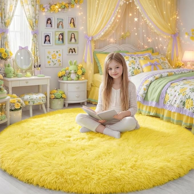 Amdrebio Yellow Round Circle Area Rug 4Ft for Bedroom Living Room, Fluffy Fuzzy Plush Rugs for Kids Room Decor Aesthetic, Cute Furry Shag Kawaii Circular Carpet for Classroom Nursery Dorm Toddler Baby