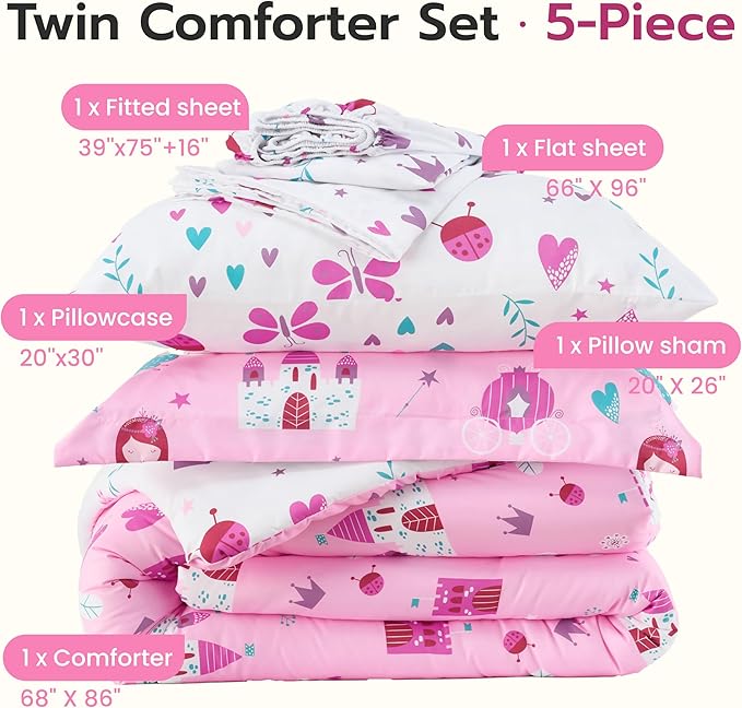 Joiedomi Kid Twin Comforter Set 5 Piece Princess Bedding Set for Boys Girls Super Soft Microfiber Bed in a Bag with Comforter Sheets Pillowcase Sham