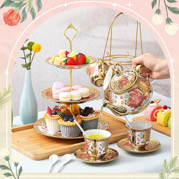 Maxcheck 21 Pcs Porcelain Tea Set for Women Tea Party with Metal Holder and 3 Tier Cake Stand Ceramic European Floral Teapot Set for Adults Mother's Day Christmas Thoughtful Gift(Vintage Style)