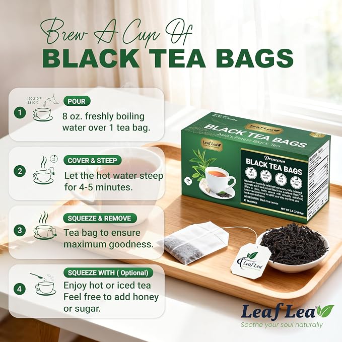 LeafLea Black Tea Bags, Strong Full-Bodied Black Tea Leaves, 40 Count | Bold, Naturally Caffeinated Morning Brew with Smooth Malty Finish; Sugar-Free, Vegan; Individually Foil-Wrapped