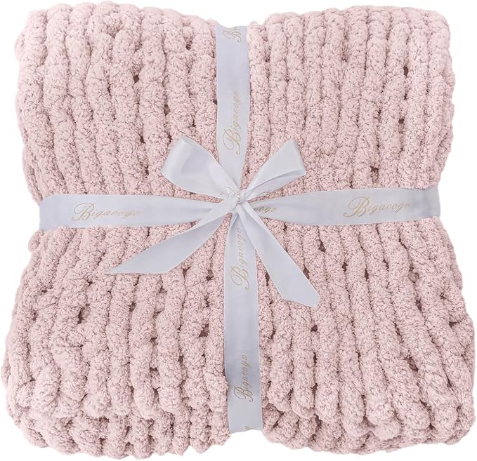 Bigacogo Chunky Knit Throw Blanket for Couch, 40x60 inches, Rose Tan | Hand Knit with Jumbo Chenille, Soft Breathable Cable Knit for Sofa Bed Living Room, Machine Washable, Gift for Mom Friend