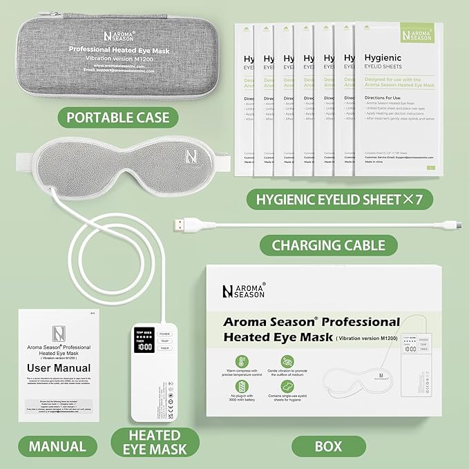 Aroma Season Vibrating Heated Eye Mask for Dry Eyes, 3000mAh Cordless Warm Eye Compress for Stye, Blepharitis, Rechargeable Electric Eye Heating Pad for MGD, Included Hygienic Eyelid Sheets