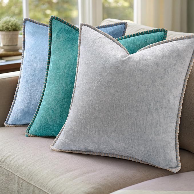 decorUhome Soft Chenille Throw Pillow Covers 24x24 Set of 2 Turquoise | Fall Textured Decorative Throw Pillow Cases Stitched Edge Modern Farmhouse Luxury Boho Velvet for Couch Sofa Bed Home Decor
