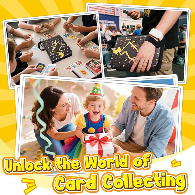 Card Binder – 4 Pocket Zipper Collection Album, Premium PU Holder, Double-Sided Display for 400 Cards, Includes 5 Hard Plastic Sleeves for Game Cards, Sports Cards(Lightning)