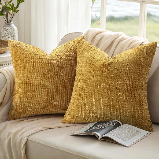 decorUhome Textured Chenille Throw Pillow Covers 16x16 Set of 2 Yellow | Fall Modern Farmhouse Soft Cozy Slubby Couch Pillow Cases Boho Decorative Pillow Cases for Bed Sofa Living Room Home Decor