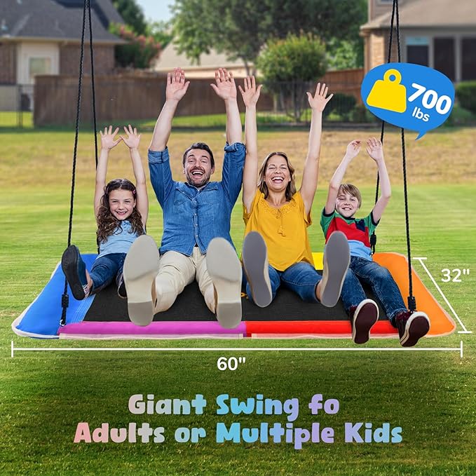 Hapfan 60 inch Platform Tree Swing with LED Light, Large Outdoor Swing for Kids and Adults, Waterproof 900D Oxford Fabric, 9.8 FT Hanging Straps (Rainbow)
