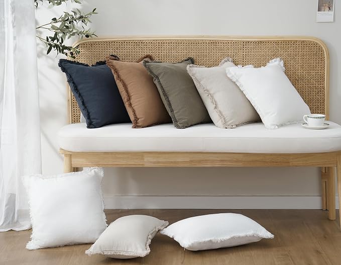 Foindtower Set of 2 Decorative Linen Fringe Throw Pillow Covers Cozy Boho Farmhouse Cushion Cover with Tassels Soft Accent Pillowcase for Couch Sofa Bed Living Room Home Decor,18×18 Inch,Navy Blue